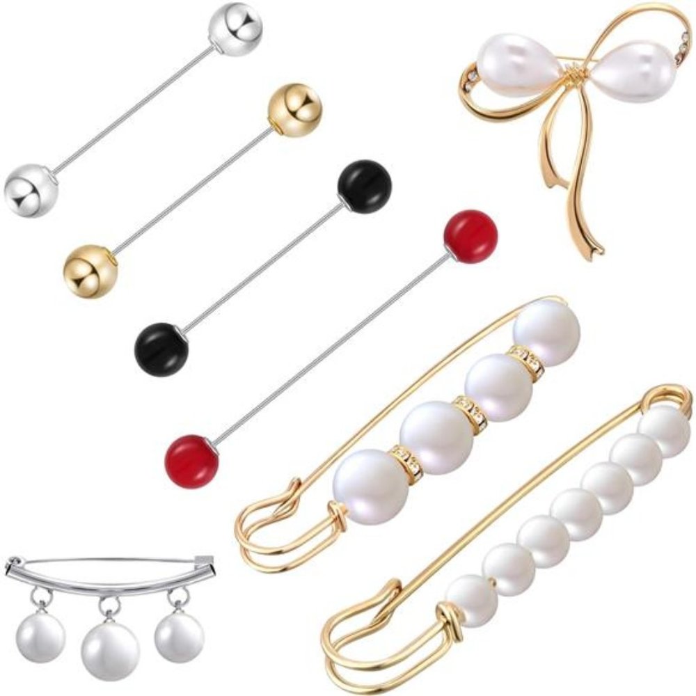 8Pieces Sweater Shawl Clips scarf collar pin Faux Pearl Brooch Pins, Safety Pins